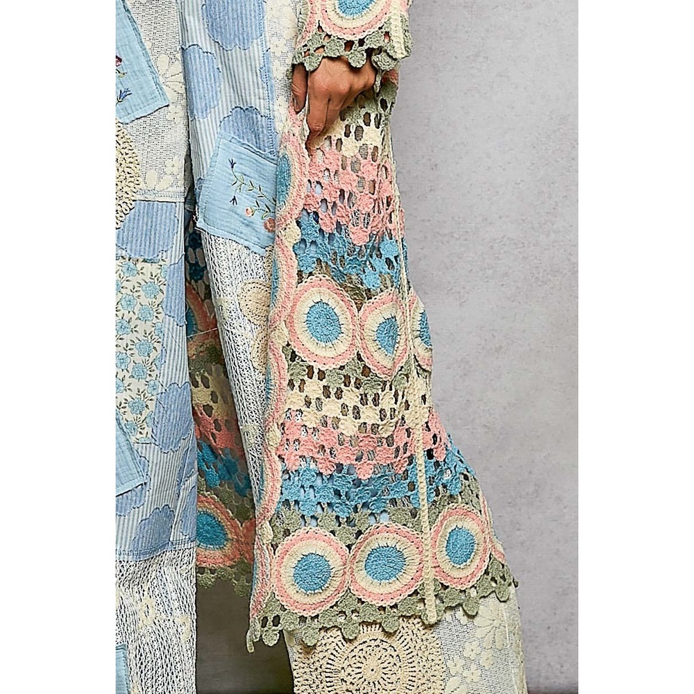 POL Boho Crochet Long Duster Cardigan Open Knit Scalloped Edge one size - Picture 5 of 6